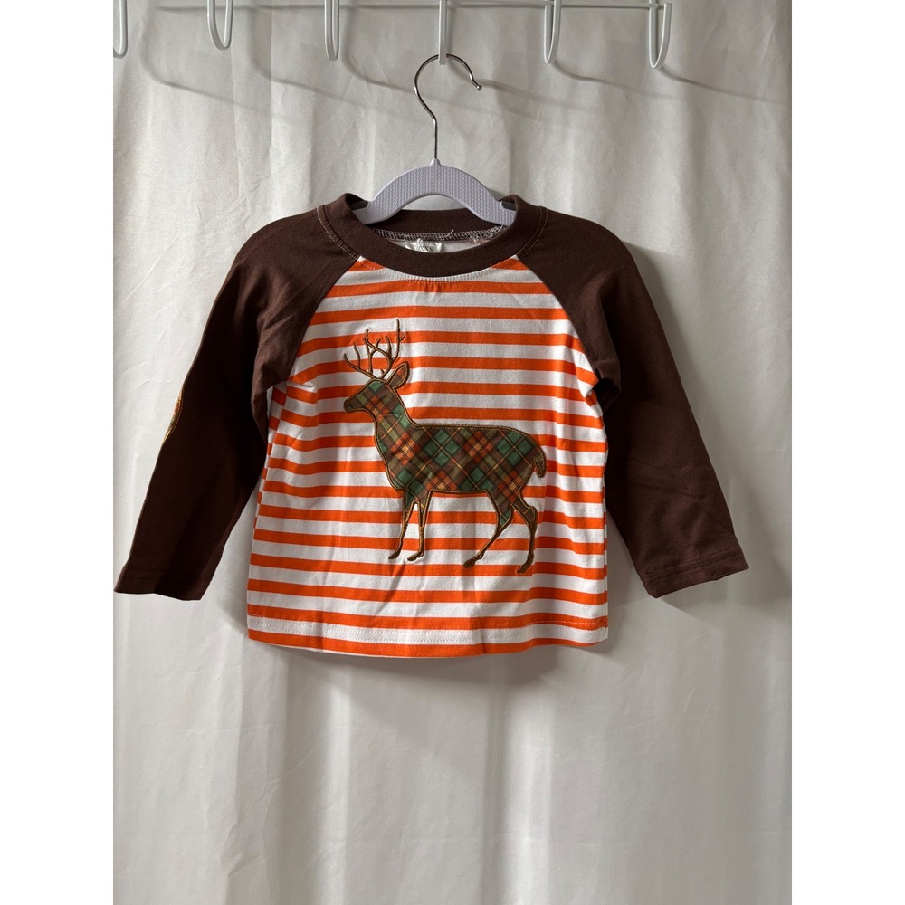 Kids Orange Brown Striped‎ Plaid Deer Raglan Long Sleeve Tee XXS